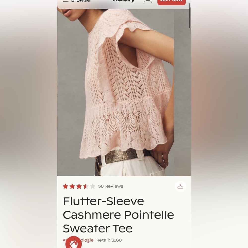 Anthropologie Flutter-Sleeve Pointelle Cashmere Sweater Tee Size XS - Picture 3 of 7